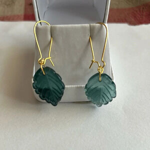 3/$20 Dark Green Crystal Large Leaf Plant Gold Tone Drop Dangling Earrings